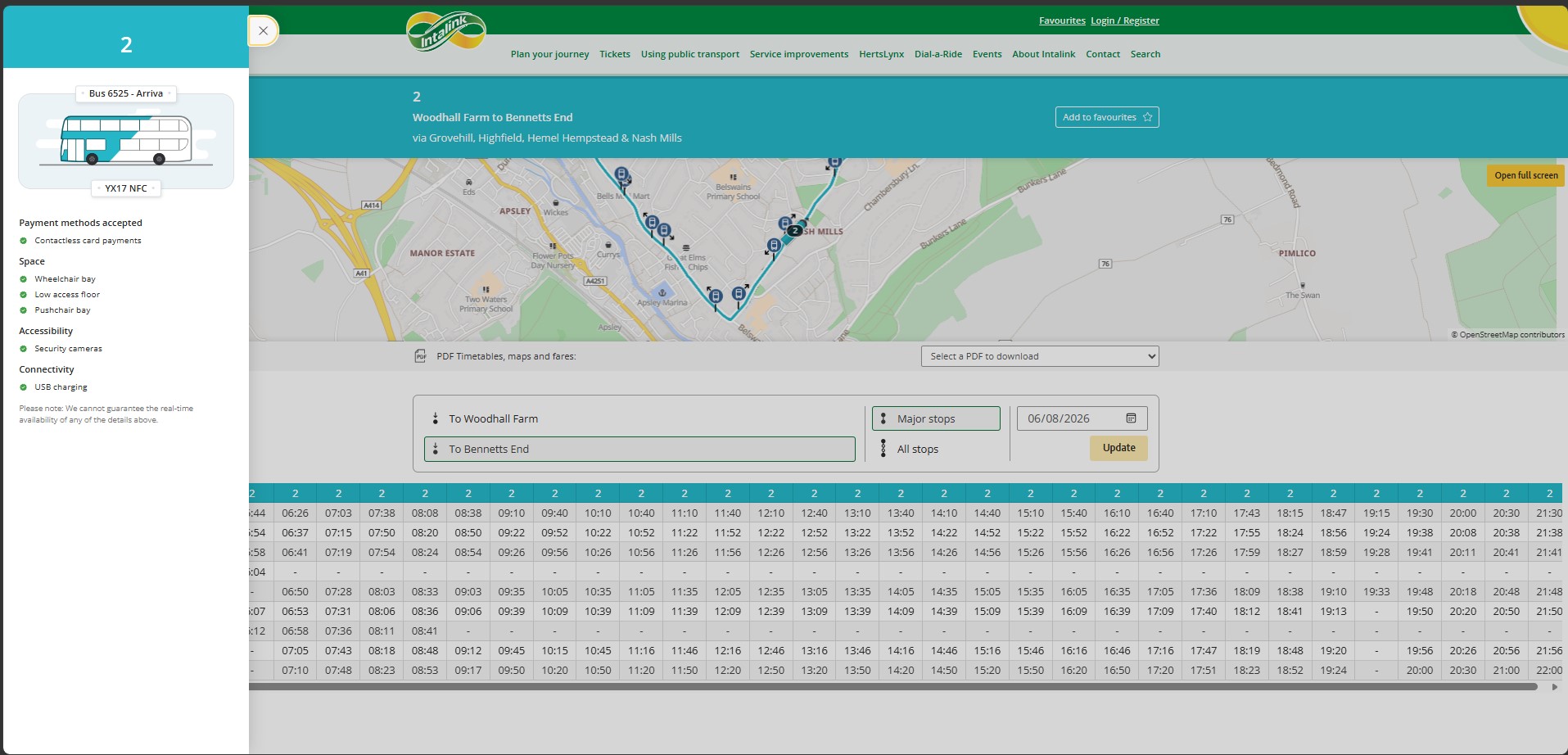 image of the webpage for Arriva service 2. in view is the timetable, the map with vehicle tracking. to the left of the image is a website window showing vehicle details including operator vehicle branding, and additional information on accepted payments, accessibility information, available connectivity.