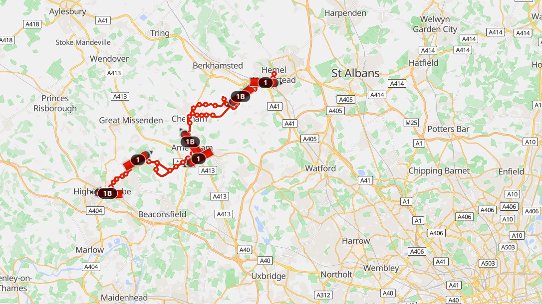 image of Carousel 1 and 1B route map. On the map, various buses can be seen, these are the live tracking of their vehicles.