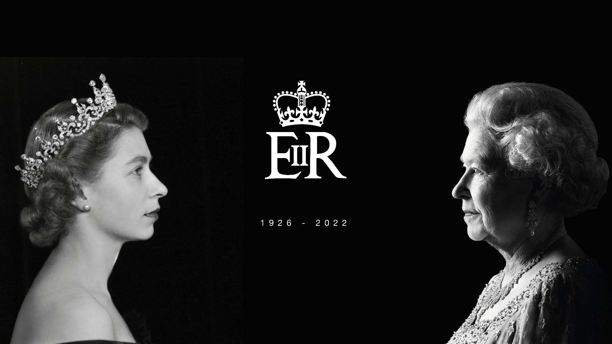 Two portrait images of the Queen against a black background. The image on the left is of Queen Elizabeth II when she was younger, she is wearing a tiara and pearl earrings, the second image is when she is older, she is wearing jewelled earrings and a matching necklace. In the centre of the two images of the Queen is the date 1926 - 2022. Above the date is Queen Elizabeth II  logo, combining her initials E R and II with a crown above them.